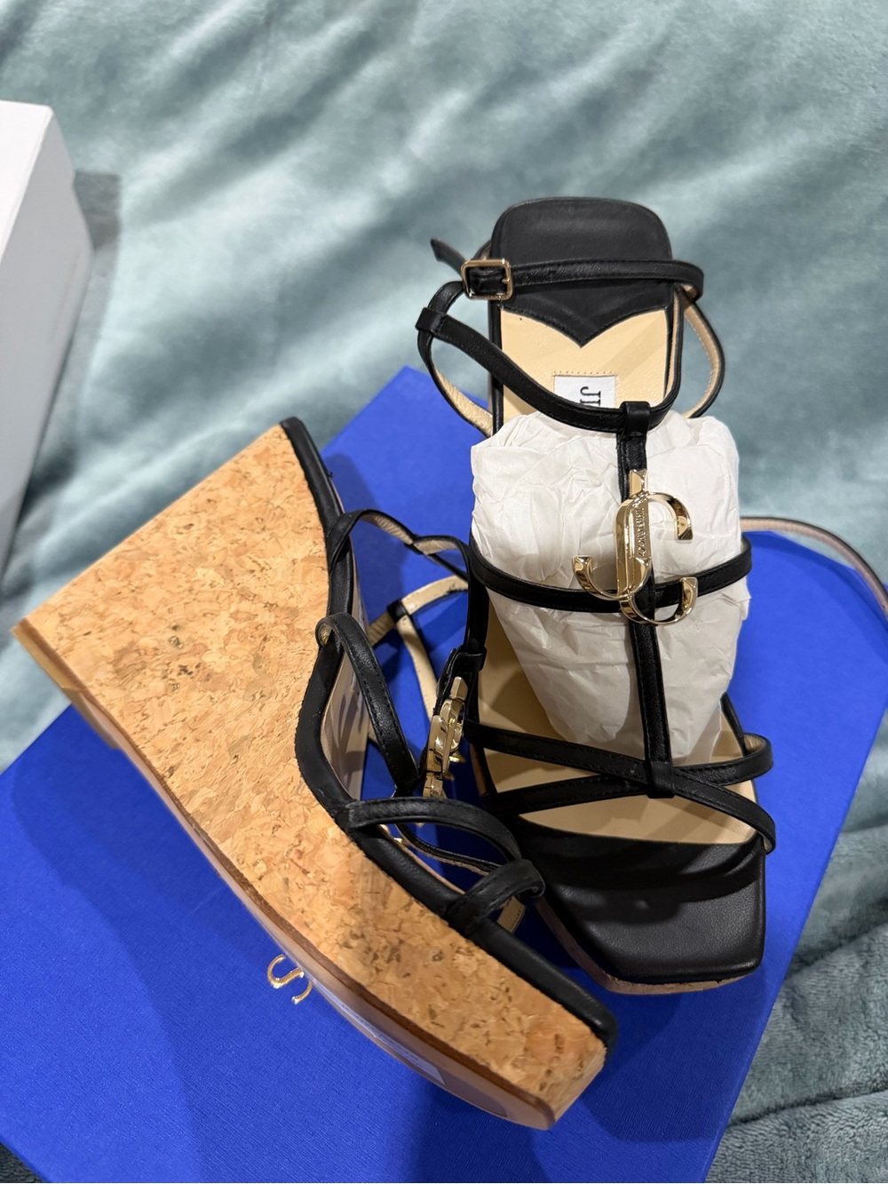 Jimmy Choo Black Leather Strappy Cork Wedge Sandals with Gold Logo